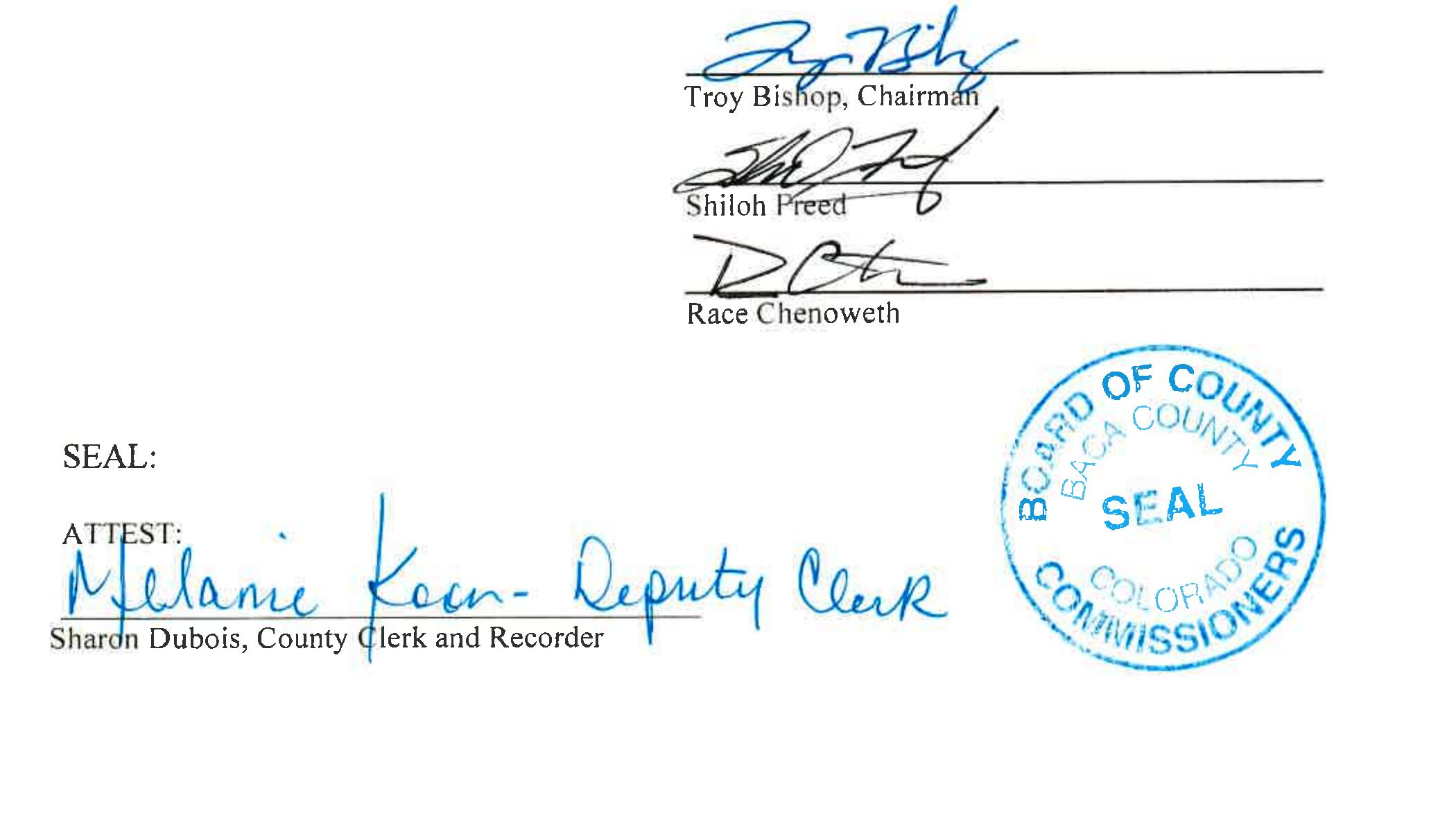 Signature block for the second and final reading of Ordinance No. 7, adopted April 23, 2026. Shows three handwritten signatures of the Board of County Commissioners: Troy Bishop, Chairman; Shiloh Freed; and Race Chenoweth. Below, the word ATTEST appears with a signature reading "Melanie Koen, Deputy Clerk" on behalf of Sharon Dubois, County Clerk and Recorder. The embossed Baca County, Colorado Board of County Commissioners seal appears on the right.
